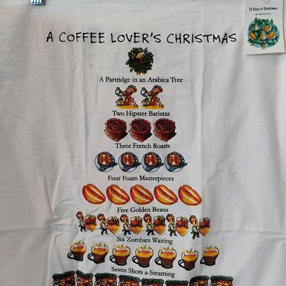 12 Days Of Christmas Coffee Themed Tea Towel By David Price - NEW w/Tag 18"x26" - Picture 7 of 7